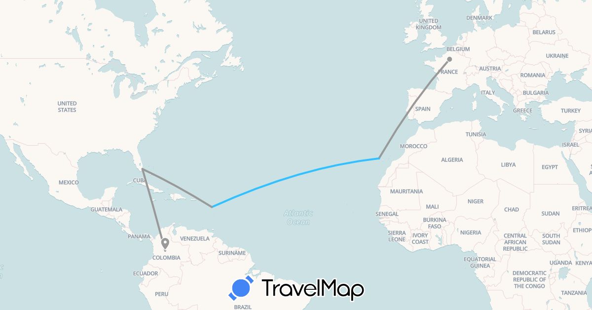 TravelMap itinerary: driving, plane, boat in Colombia, Spain, France, Guadeloupe, United States (Europe, North America, South America)
