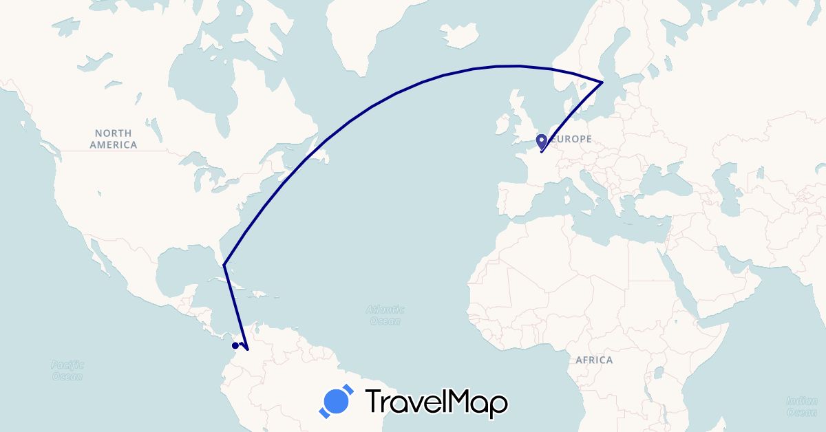 TravelMap itinerary: driving in Colombia, France, Sweden, United States (Europe, North America, South America)